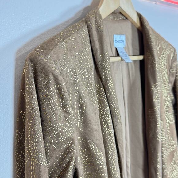 VTG Chicos Blazer Large Vegan Suede Tan embroidered Paisley Bohemian Open Front - Picture 3 of 10